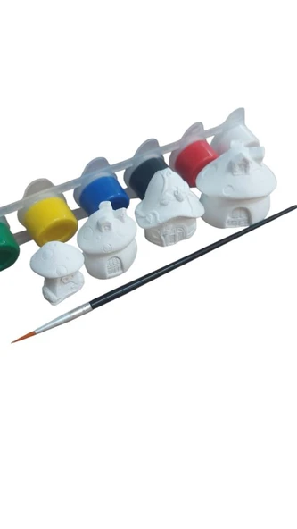 Ehobici Taş Boyama Seti Mantar Evler 6 Renk Akrilik Boya 5ml + Fırça - 4