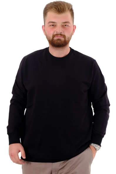 Mode XL Büyük Beden Erkek Bisiklet Yaka Basic Sweatshirt U24174 Siyah ürün görseli