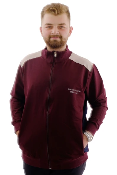 Mode XL Büyük Beden Erkek Eşofman Üstü Dik Yaka Fermuarlı BROOKLYN U24522 Mürdüm ürün görseli 1
