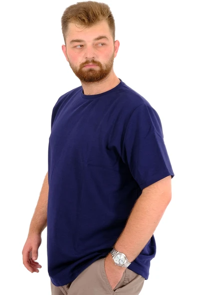 Mode XL Büyük Beden Erkek T-Shirt Bisiklet Yaka INTERLOK 23162 İndigo - Resim 2