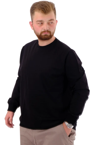 Mode XL Büyük Beden Erkek Bisiklet Yaka Basic Sweatshirt U24174 Siyah - Resim 2