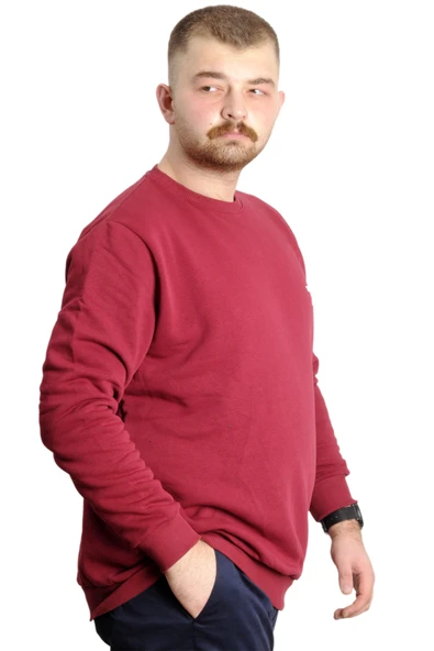 Mode XL Büyük Beden Erkek Sweathirt Bisiklet Yaka Nakışlı Sweat 23525 Bordo - Resim 3