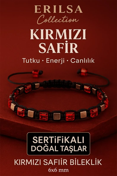 Sertifikalı Doğal Terahertz - Kırmızı Safir Taşı Bileklik 6x6 mm - Tutku ve Güç Taşı ürün görseli
