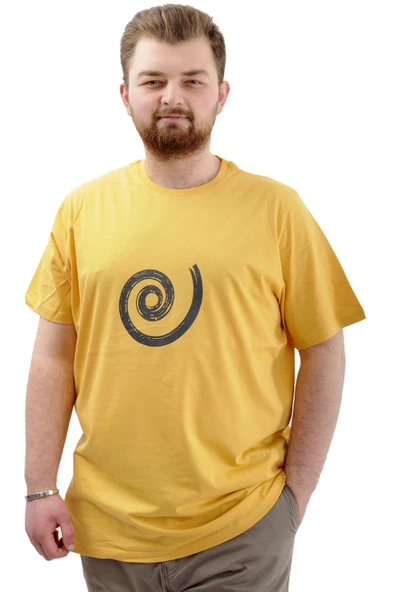Mode XL Büyük Beden Erkek Tişört Baskılı Pamuklu Bisiklet Yaka T-Shirt SPIRAL U24065 Hardal ürün görseli 1