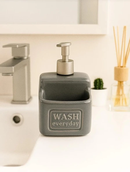 Şık ve Pratik Seramik Süngerlikli Sıvı Sabunluk/Deterjanlık, Gri, 500 ml