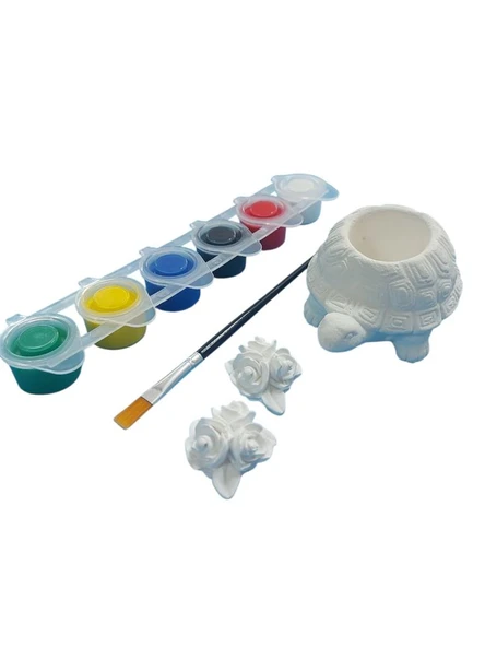 Ehobici Taş Boyama Seti Kaplumbağa Saksı ve Çiçekler 6 Renk Akrilik Boya 5ml + Fırça - 3