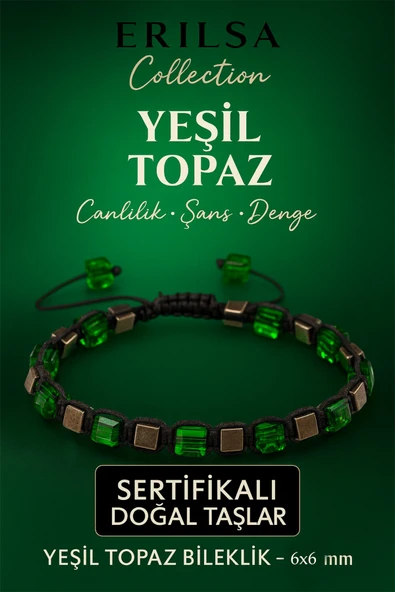 Sertifikalı Doğal Terahertz - Yeşil Topaz Taşı Bileklik 6x6 mm - Canlılık Denge Taşı ürün görseli