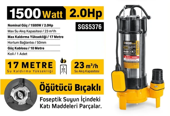 SGS5376 - 17 Metre 2 HP İnox Foseptik Dalgıç Pompa Parçalayıcı Öğütücü Bıçaklı 1500 Watt - 2