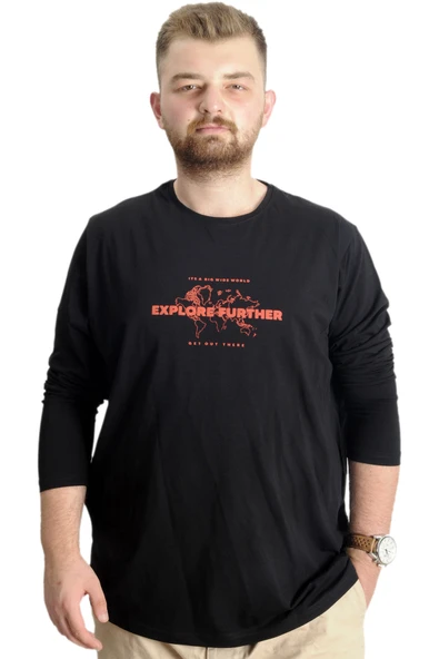 Mode XL Büyük Beden Erkek T-Shirt U.Kol Explore Further 23098 Siyah ürün görseli