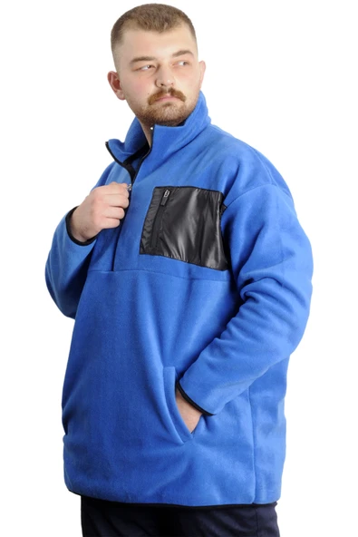 Mode XL Büyük Beden Erkek Sweat Yarım Fermuarlı Garnili Polar 23552 Mavi - Resim 2
