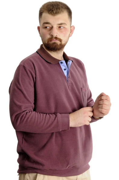 Mode XL Büyük Beden Erkek Sweat Polo Selanik Basic 20441 Gül Kurusu - Resim 3