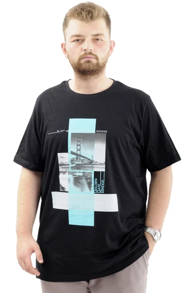 Mode XL Battal Beden Erkek Pamuklu T-Shirt Yumuşak Dokulu Baskılı FRANCISCO U24086 Siyah ürün görseli