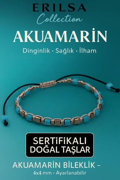 Sertifikalı Doğal Terahertz - Akuamarin Taşı Bileklik 4x4 mm - Dinginlik Sağlık ve İletişim Taşı ürün görseli