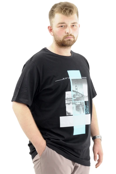 Mode XL Battal Beden Erkek Pamuklu T-Shirt Yumuşak Dokulu Baskılı FRANCISCO U24086 Siyah - Resim 3
