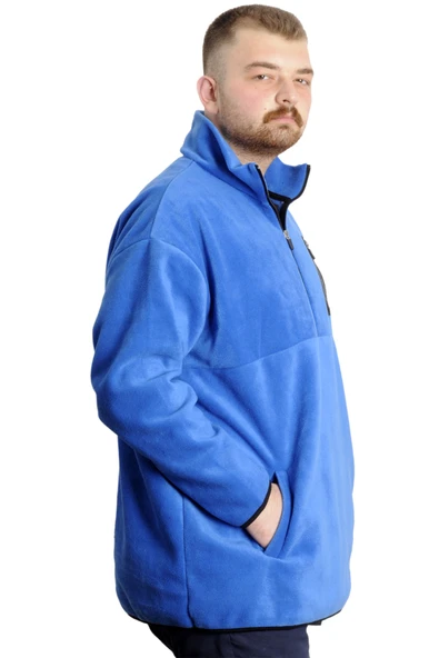 Mode XL Büyük Beden Erkek Sweat Yarım Fermuarlı Garnili Polar 23552 Mavi - Resim 3