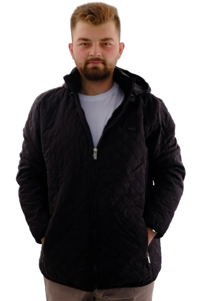 Mode XL Erkek Büyük Beden Kapitone Kalın Mont Cepli Kapüşonlu U24604 Parlak Siyah