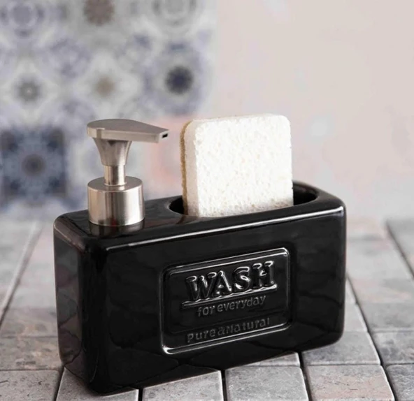 Şık ve Fonksiyonel Seramik Süngerlikli Sıvı Sabunluk/Deterjanlık, Siyah, 500 ml