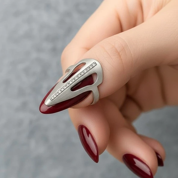 Zirkon Taşlı Kadın Tırnak Yüzük Gümüş Kaplama Ayarlanabilir El Yapımı Tırnak Yüzük - Resim 2