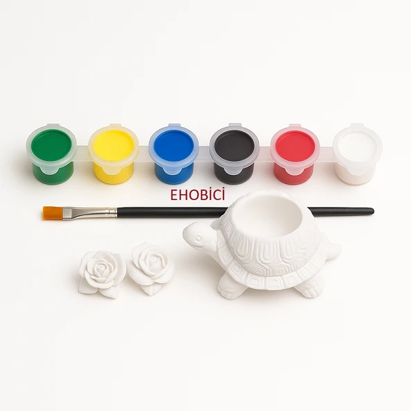 Ehobici Taş Boyama Seti Kaplumbağa Saksı ve Çiçekler 6 Renk Akrilik Boya 5ml + Fırça
