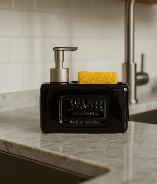 Şık ve Fonksiyonel Seramik Süngerlikli Sıvı Sabunluk/Deterjanlık, Siyah, 500 ml - 2