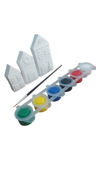 Ehobici Taş Boyama Seti Boyutlu Evler 6 Renk Akrilik Boya 5ml + Fırça - 3