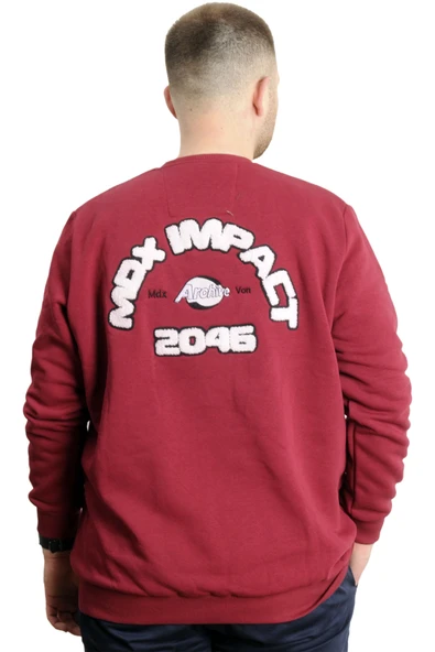 Mode XL Büyük Beden Erkek Sweathirt Bisiklet Yaka Nakışlı Sweat 23525 Bordo - Resim 4