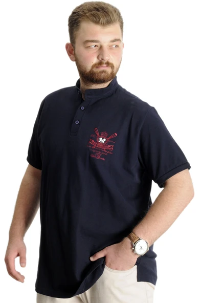 Mode XL Büyük Beden T-Shirt Hakim Yaka Yatching 22327 Lacivert - Resim 2