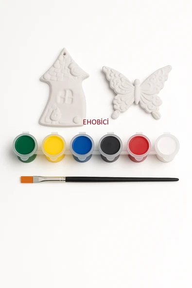 Ehobici Taş Boyama Seti Kelebek ve Ev 6 Renk Akrilik Boya 5ml + Fırça