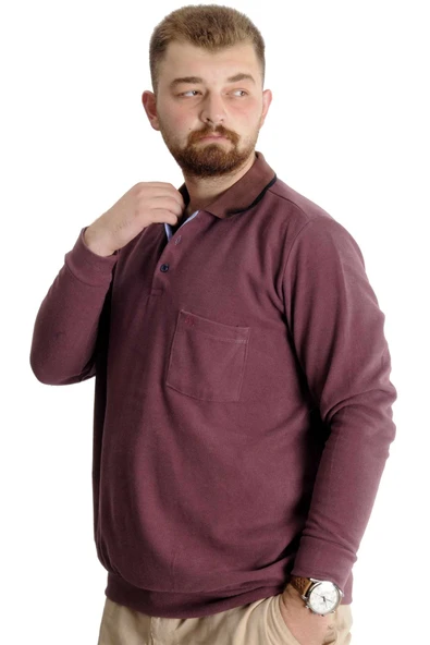 Mode XL Büyük Beden Erkek Sweat Polo Selanik Basic 20441 Gül Kurusu - Resim 2