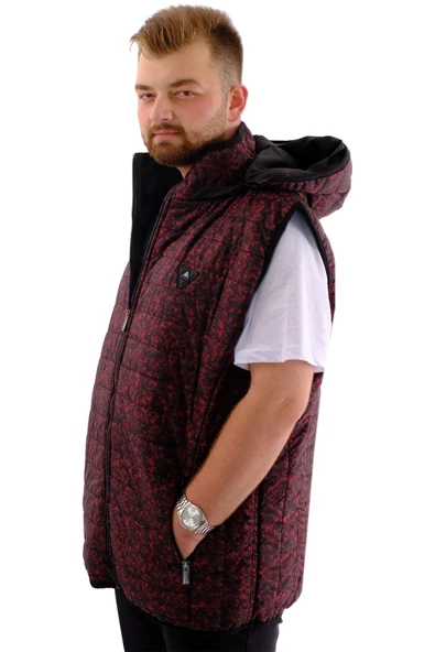 Mode XL Büyük Beden Erkek Yelek Kapitone Kapüşonlu 22600 Siyah-Kırmızı - 2