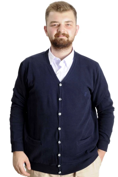 Mode XL Büyük Beden Erkek Hırka Vanize Selanik Düğmeli 20548 Lacivert - Resim 5