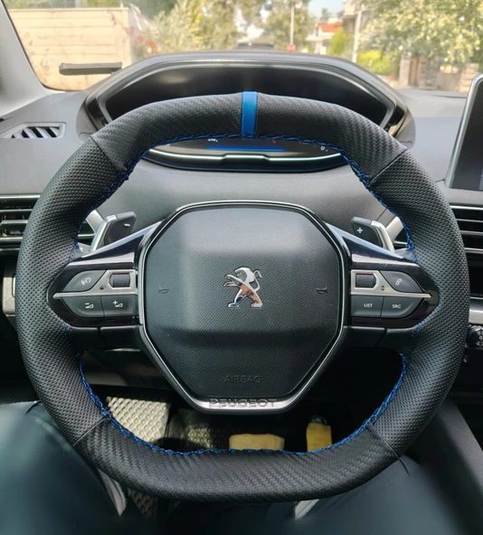 DİKİŞLİ DİREKSİYON KILIFI KARBON DERİ NOKTALI DERİ MAVİ YÜZÜK MAVİ DİKİŞLİ PEUGEOT 3008 2008 ürün görseli