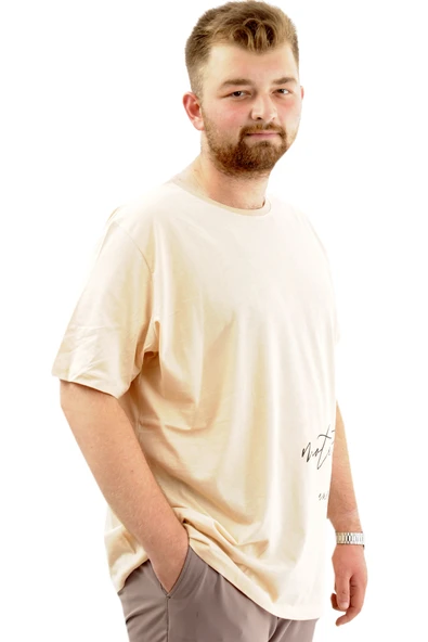 Mode XL Battal Beden Erkek Pamuklu T-Shirt Yumuşak Dokulu Baskılı BELIEF U24085 Bej - Resim 3