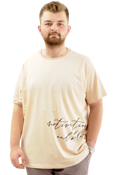 Mode XL Battal Beden Erkek Pamuklu T-Shirt Yumuşak Dokulu Baskılı BELIEF U24085 Bej ürün görseli