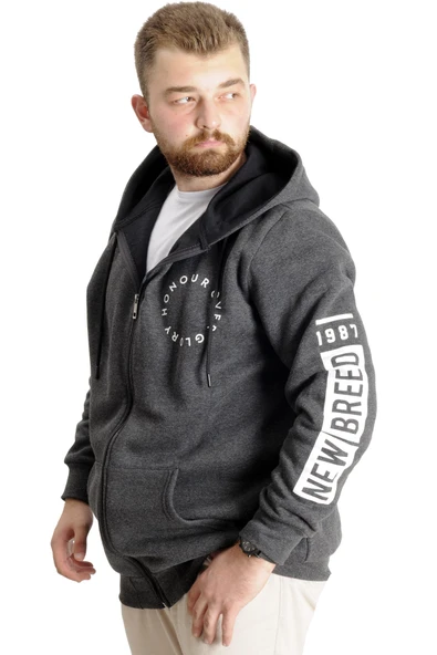 Mode XL Büyük Beden Erkek Kapüşonlu Sweatshirt New Breed 23544 Antramelanj - 2