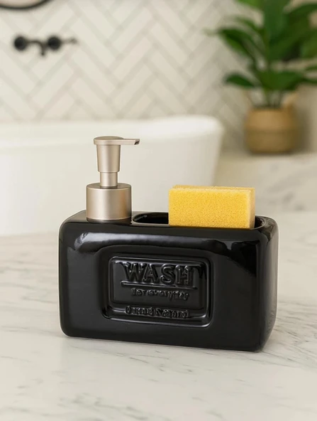 Şık ve Fonksiyonel Seramik Süngerlikli Sıvı Sabunluk/Deterjanlık, Siyah, 500 ml - 4