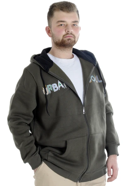 Mode XL Erkek Sweat Kapşonlu Fermuarlı 22531 Haki - Resim 2