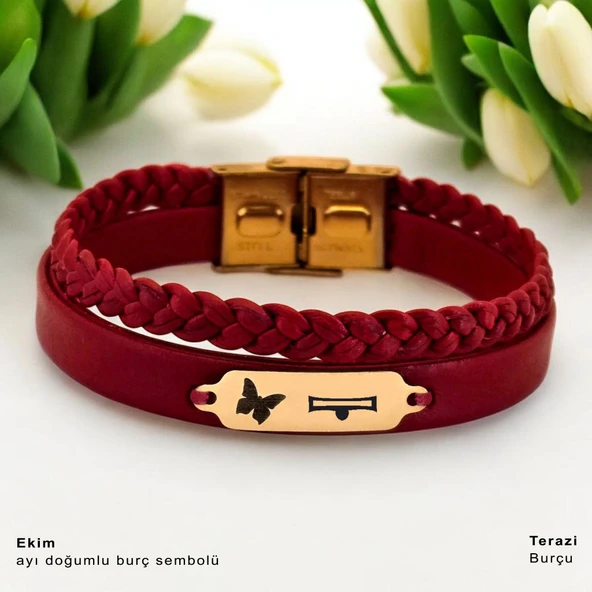 14 Ayar Altın Plakalı Doğum Ayına Özel Hakiki Bordo Derili Kelebek Figürlü Hediye Bileklik-677 ürün görseli