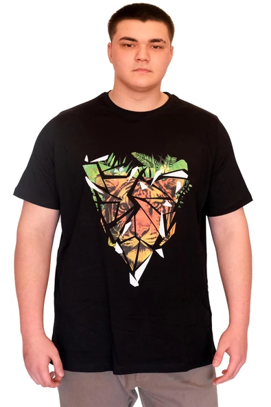 Mode XL Büyük Beden Erkek T-Shirt Bisiklet Yaka TIGER Baskılı U25007 Siyah ürün görseli