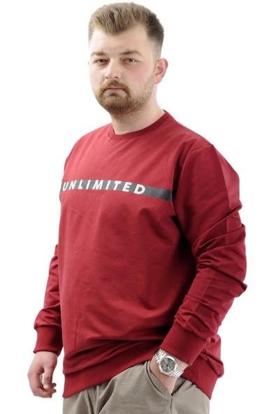 Mode XL Büyük Beden Erkek Sweathirt Baskılı Bisiklet Yaka UNLIMITED U24171 Bordo - 2