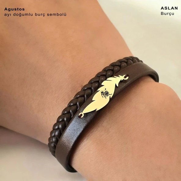 14 Ayar Altın Plakalı Burca Özel Yaprak Motifli Hakiki Kahverengi Derili Hediye Bileklik-680 - Resim 3