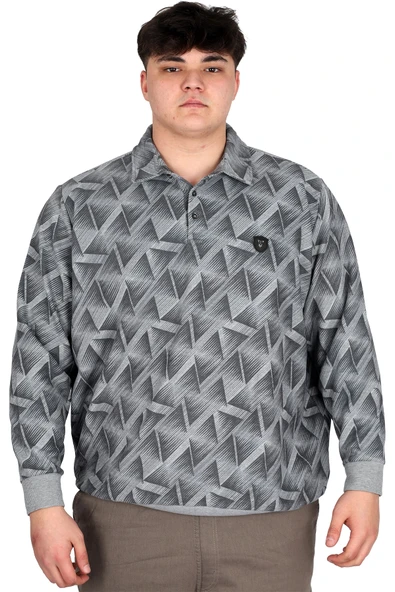 Mode XL Büyük Beden Erkek Polo Yaka Sweatshirt Baskılı Selanik U24440 Gri Melanj ürün görseli