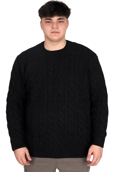 Mode XL Büyük Beden Erkek Kazak Bisiklet Yaka BRAIDED 24211 Siyah