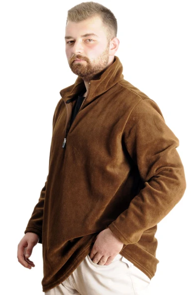 Mode XL Erkek Sweat Polo Yaka Yarım Fermuarlı Polar 22548 Kahverengi - 2