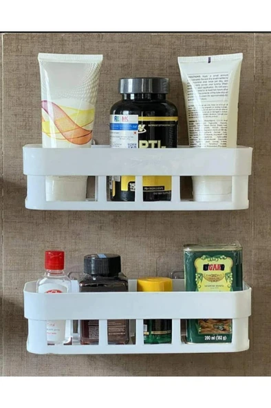 2 Adet Yapışkanlı Plastik Raf, Delme Vida Gerektirmeyen Banyo Duş Şampuan Mutfak Baharat Rafı Beyaz - 4