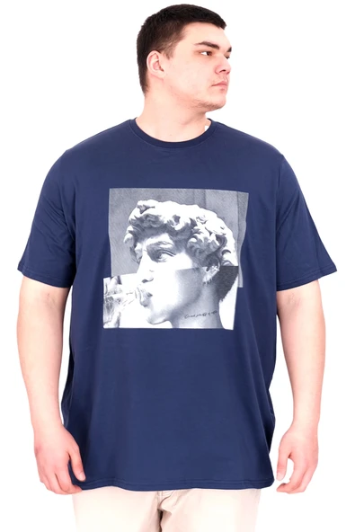 Mode XL Büyük Beden Erkek T-Shirt Bisiklet Yaka STATUE U25027 İndigo - Resim 4