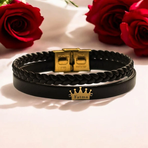 14 Ayar Altın Plakalı İsme Özel Koyu Kahverengi Derili Taç Figürlü Hediye Bileklik-679 ürün görseli