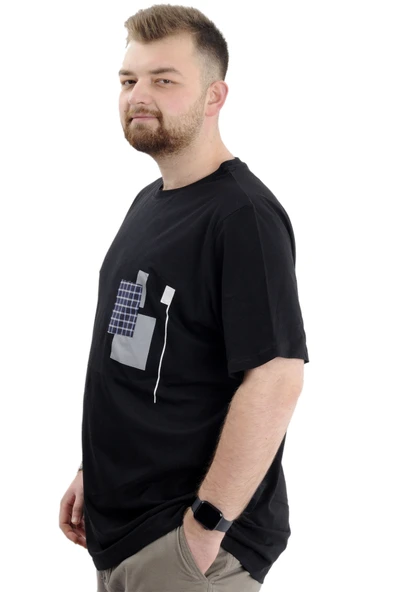 Mode XL Büyük Beden Erkek Bisiklet Yaka T-Shirt Baskılı GARNILI U24045 Siyah - Resim 2