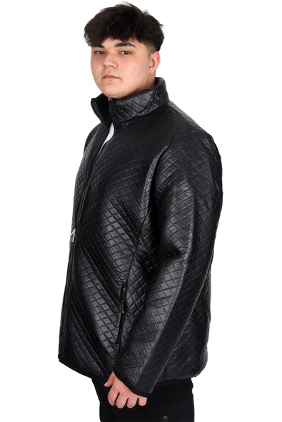 Mode XL Büyük Beden Erkek Dik Yaka Kapitone Mont U24614 Siyah Deri - 4