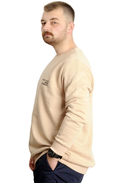 Mode XL Büyük Beden Erkek Sweathirt Bisiklet Yaka Nakışlı Sweat 23525 Bej - Resim 2